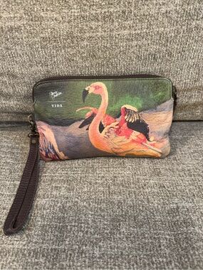VIDA Flamingo Print Wristlet in Pink and Green
